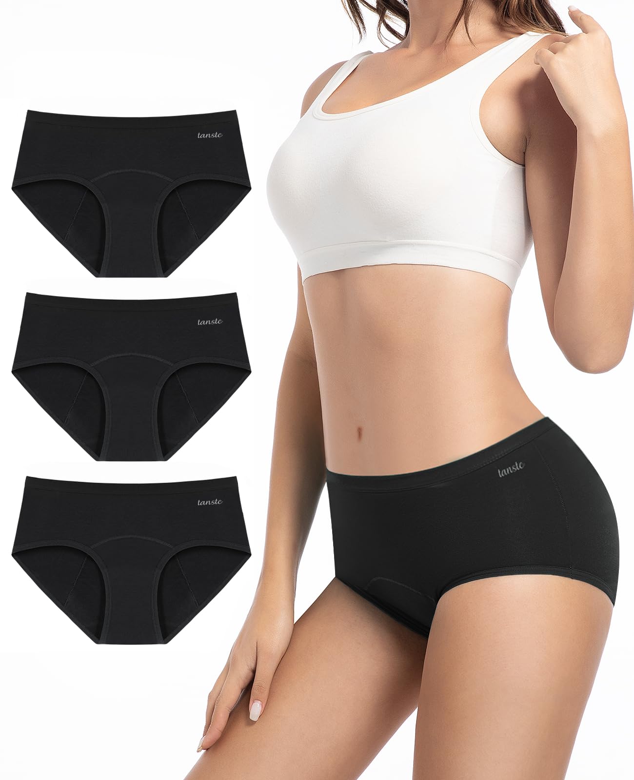 TANSTC Mutande Mestruali Donna Assorbenti, Slip Donna Cotone Ciclo Protettive Periodico Intima Mestruale Ecologico con 4 Strati Anti Perdite Lavabili, Mutande Donna Cotone, 3 Pezzi
