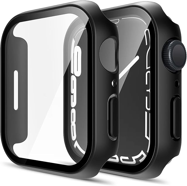 TAURI 2 Pack Hard Case Designed for Apple Watch Series 8/7 45mm, Built-in 9H Tempered Glass Screen Protector, [Full Protection] [Touch Sensitive] Slim Bumper [HD Clear] Cover for iWatch 45mm-Black