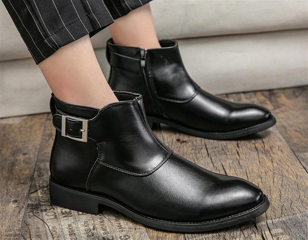 Herren Chelsea Boots Leder Stiefeletten mit Reißverschluss und Schnalle Klassische Business Casual Dress Schuhe für Party Hochzeit