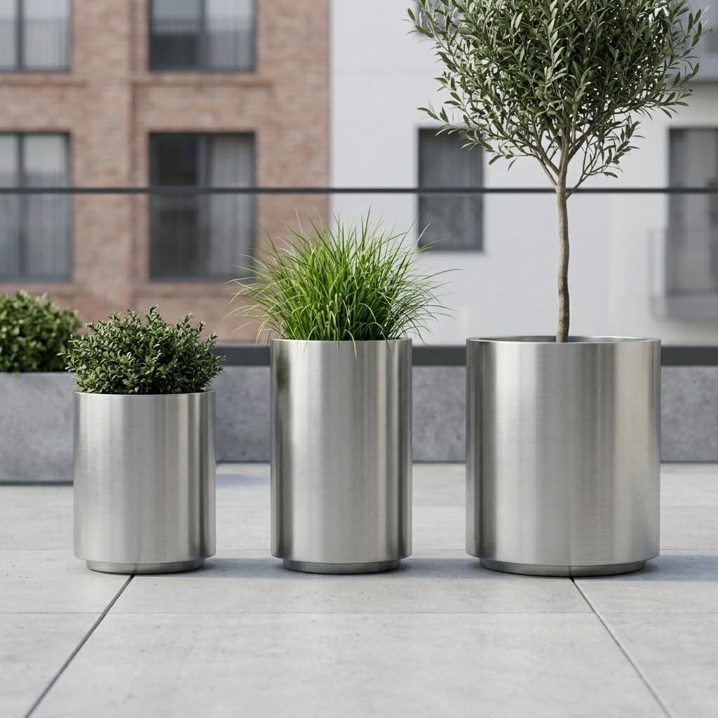 Metropole Edelstahl Pflanzkübel Ø40 x H50 cm Silber — Pflanzgefäß groß frostbeständig handgefertigt rostfrei Outdoor Indoor Garten Terrasse Balkon