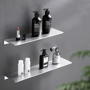 ZJHFFFG Shower Caddy Bathroom Shelf Floating Shelves 2Pcs Silver Kitchen Storage Shelf Aluminum Wall Hanging Bathroom Mirror Front