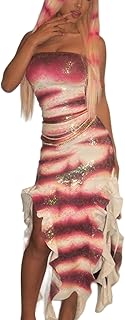 Women Halloween Shark Tale Lola Costume Dress Y2k Side Split Ruffle Maxi Dress Strapless Fish Cosplay Dresses