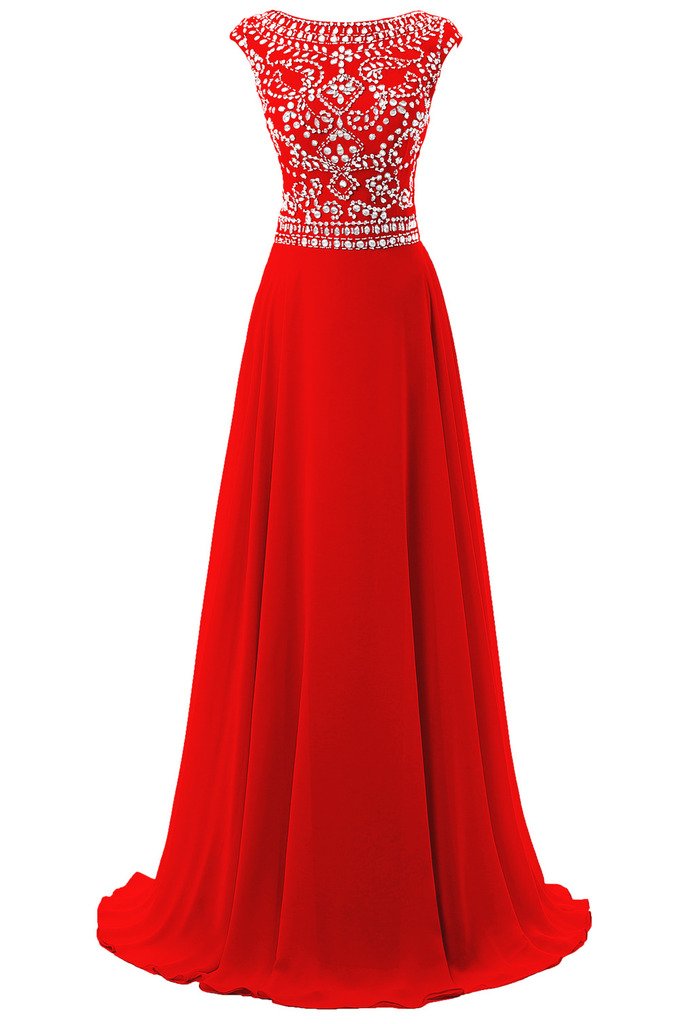 Women's Long Chiffon Bridesmaid Dress Cap Sleeves Beaded Prom Eveing Gown Red US 18Plus