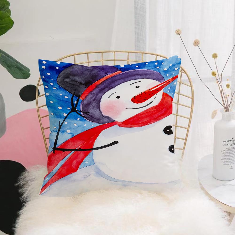 HYMSXW Cushion Cover,Throw Pillow Case Home Decorative for Living Room Bedroom Sofa Chair 20X20 Inch,Merry snowman in red scarf and blue hat having fun in the Christmas forest. New,Pillowcase 50X50cm