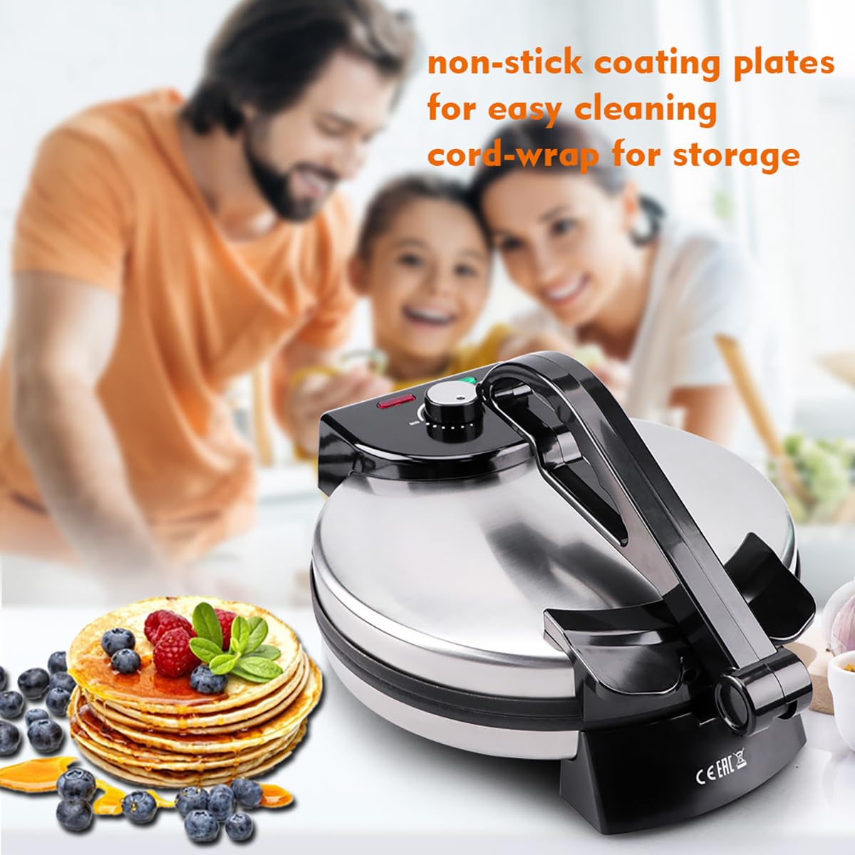 Fabricante eléctrico de chapati de 10 pulgadas Calefacción de doble cara Roti Maker Non Stick, 1800W Roti Press Tortilla Maker con mango extraíble, Temperatura ajustable Crepé inoxidable Fabricante Pa