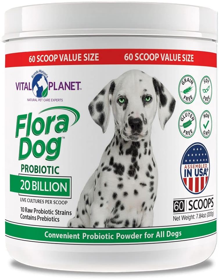 Flora Dog Probiotic Powder Supplement with 20 Billion Cultures and 10 Strains, High Potency Immune and Digestive Support Probiotics for Dogs, 7.84 oz., 222 Grams, 60 Servings