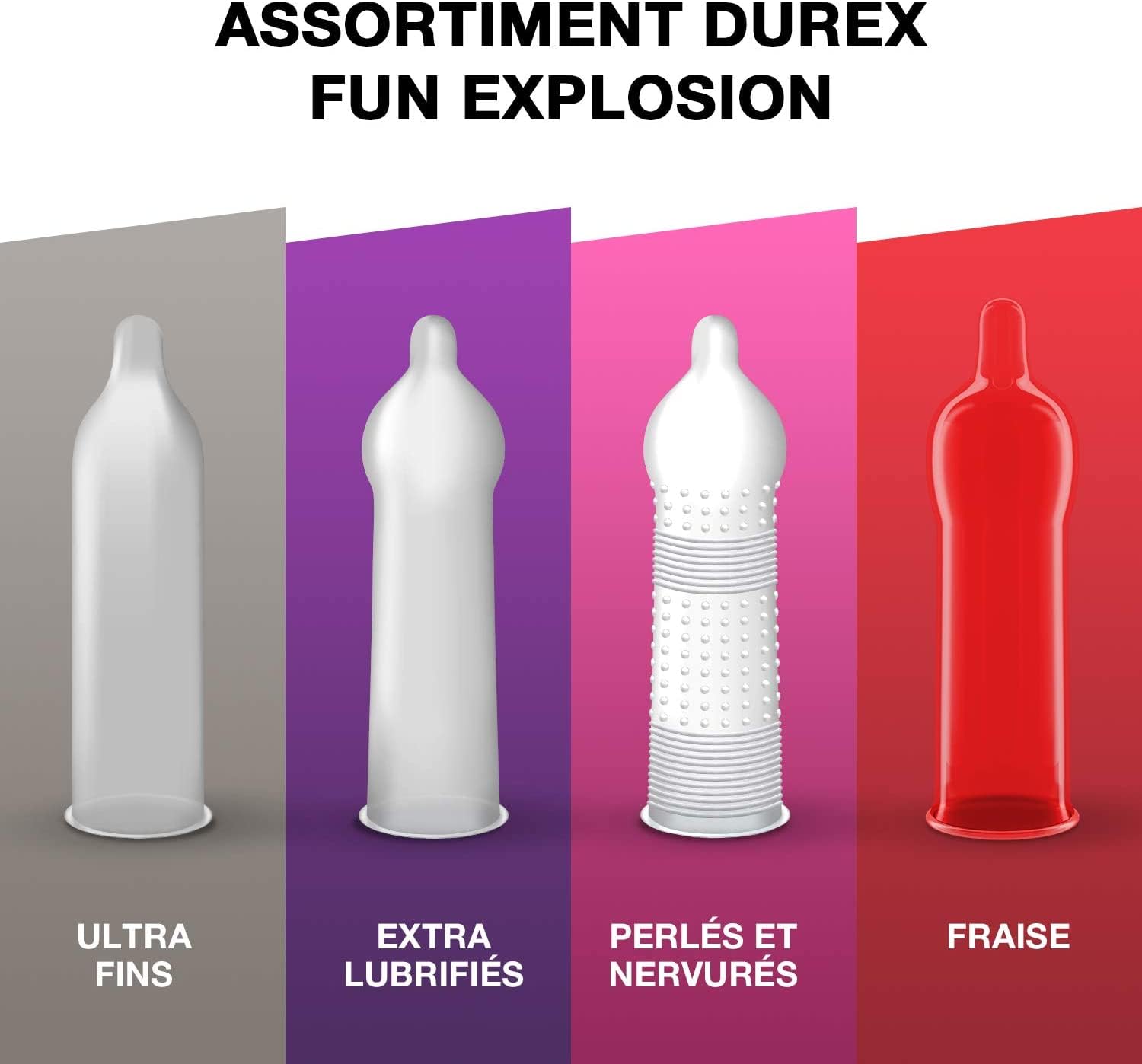 Durex - 40 Préservatifs Fun Explosion - Ultra Fins - Extra Lubrifiés - Texturés - Fraise – Boîte Design
