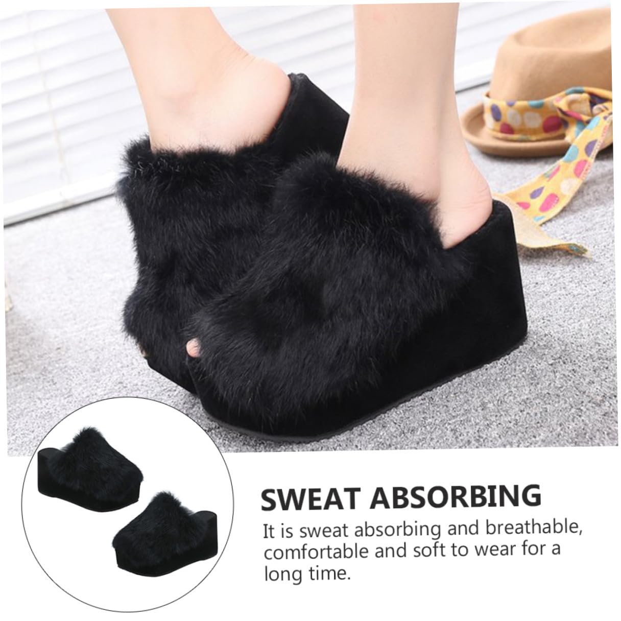 Pantuflas de Casa Negras de Suela Engrosada en Peluche Artificial Eva