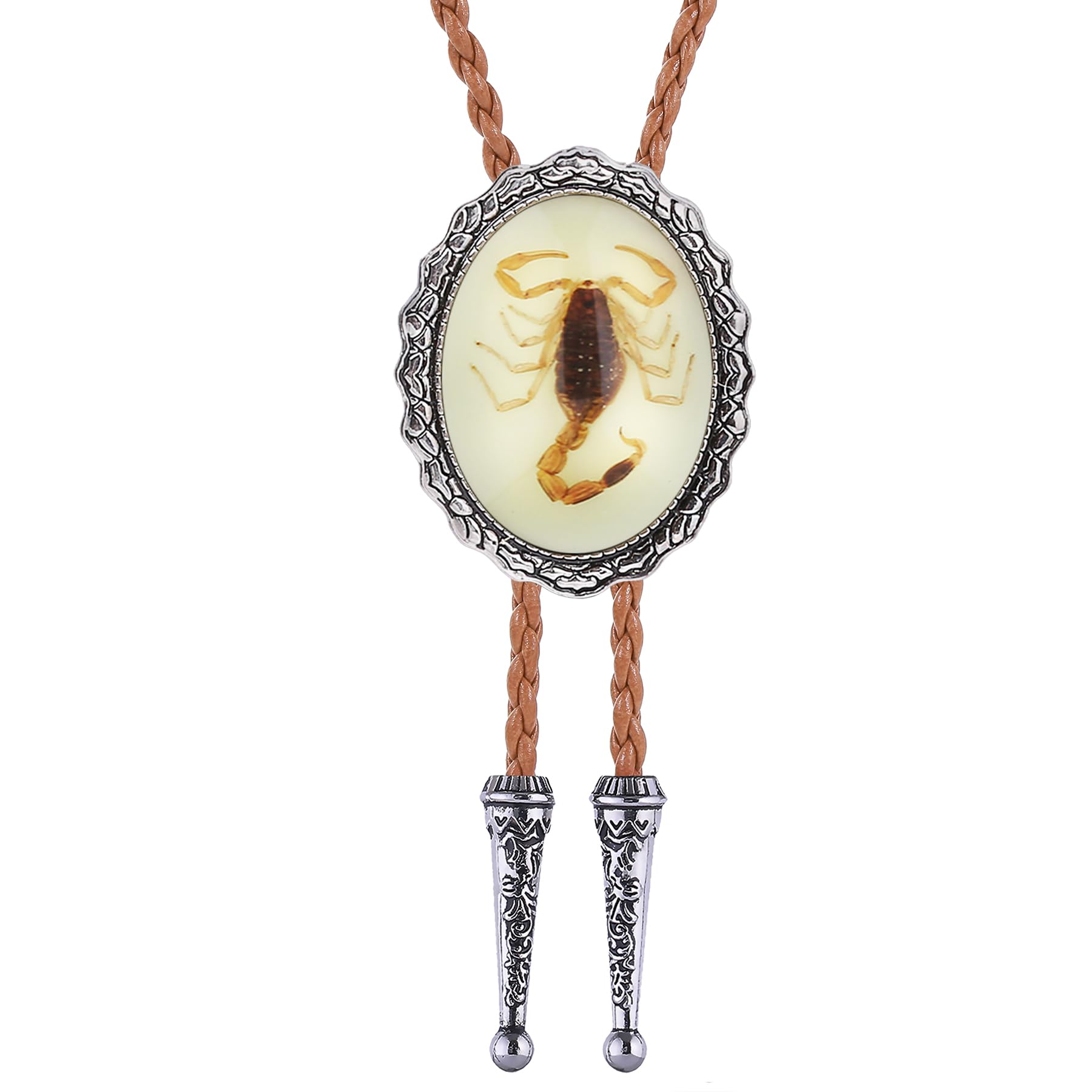 Btilasif Bolo Tie Brown for Men, Scorpion Luminous Stone Cowboy Tie Western Leather Necktie Necklace for Women