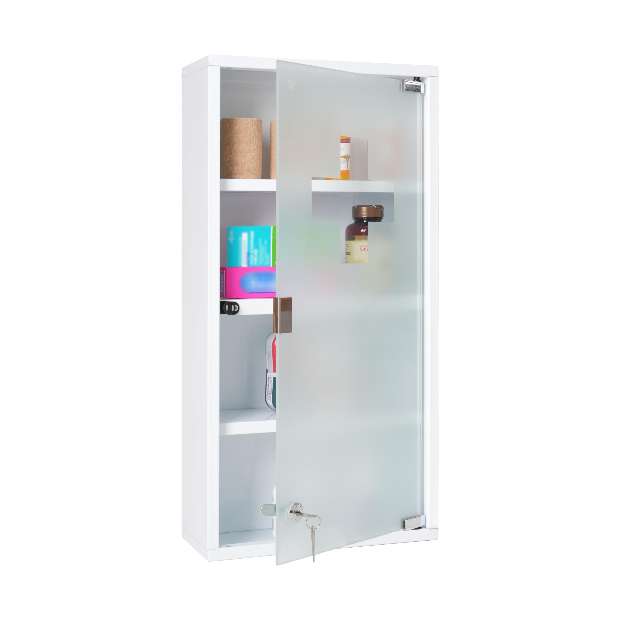 Mount Brook Locking Medicine Cabinet, 11.8" W x 23.6" H x 4.7" D - Wall Mount Metal Medicine Cabinet with Lock, White Medical Cabinet, Frosted Glass