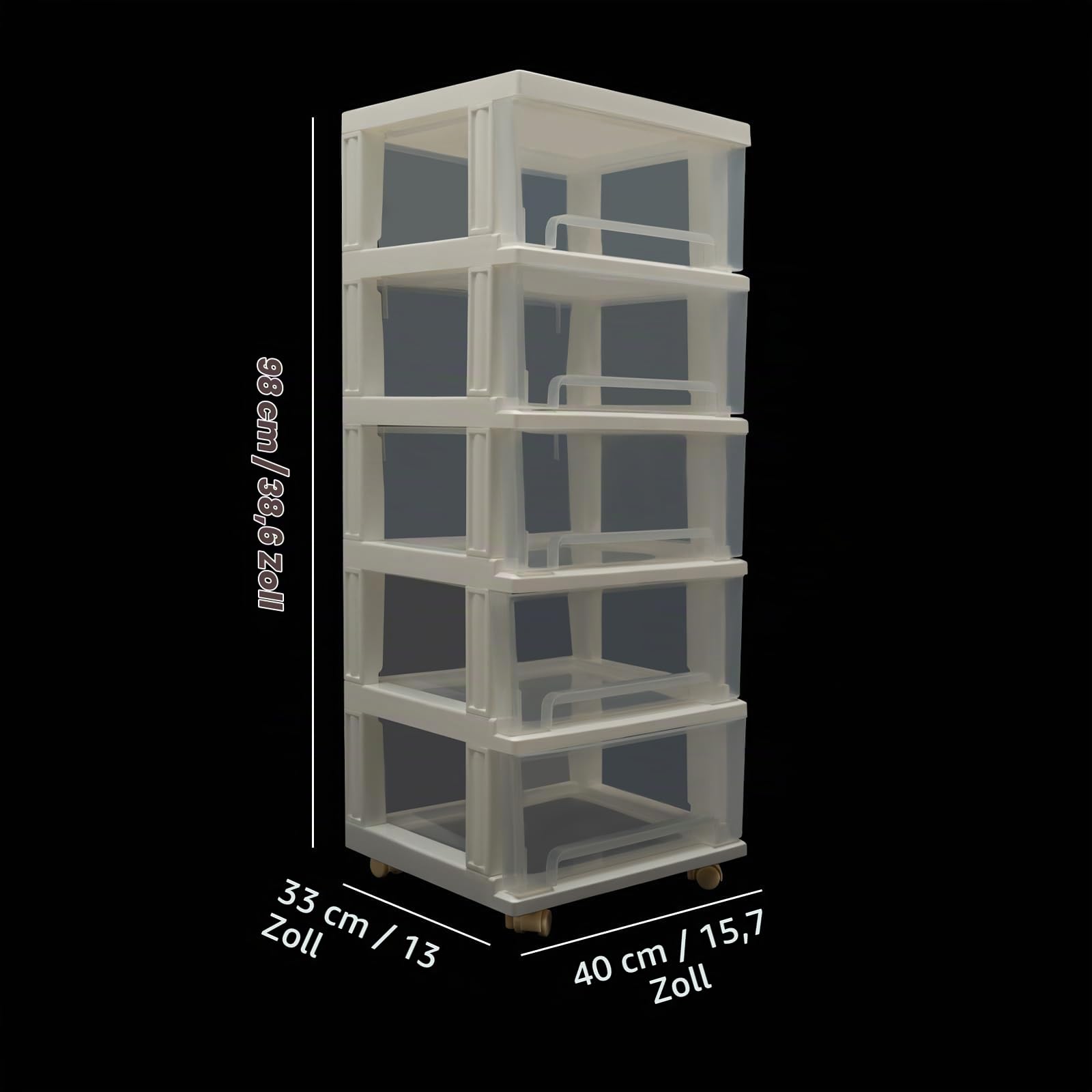 Schubladenbox aus Kunststoff mit 5 Schubladen und Rollen Rollcontainer Bürocontainer rollbar für Schlafzimmer, Wohnzimmer und Arbeitszimmer 40 x 33 x 98cm (5 Schubladen)