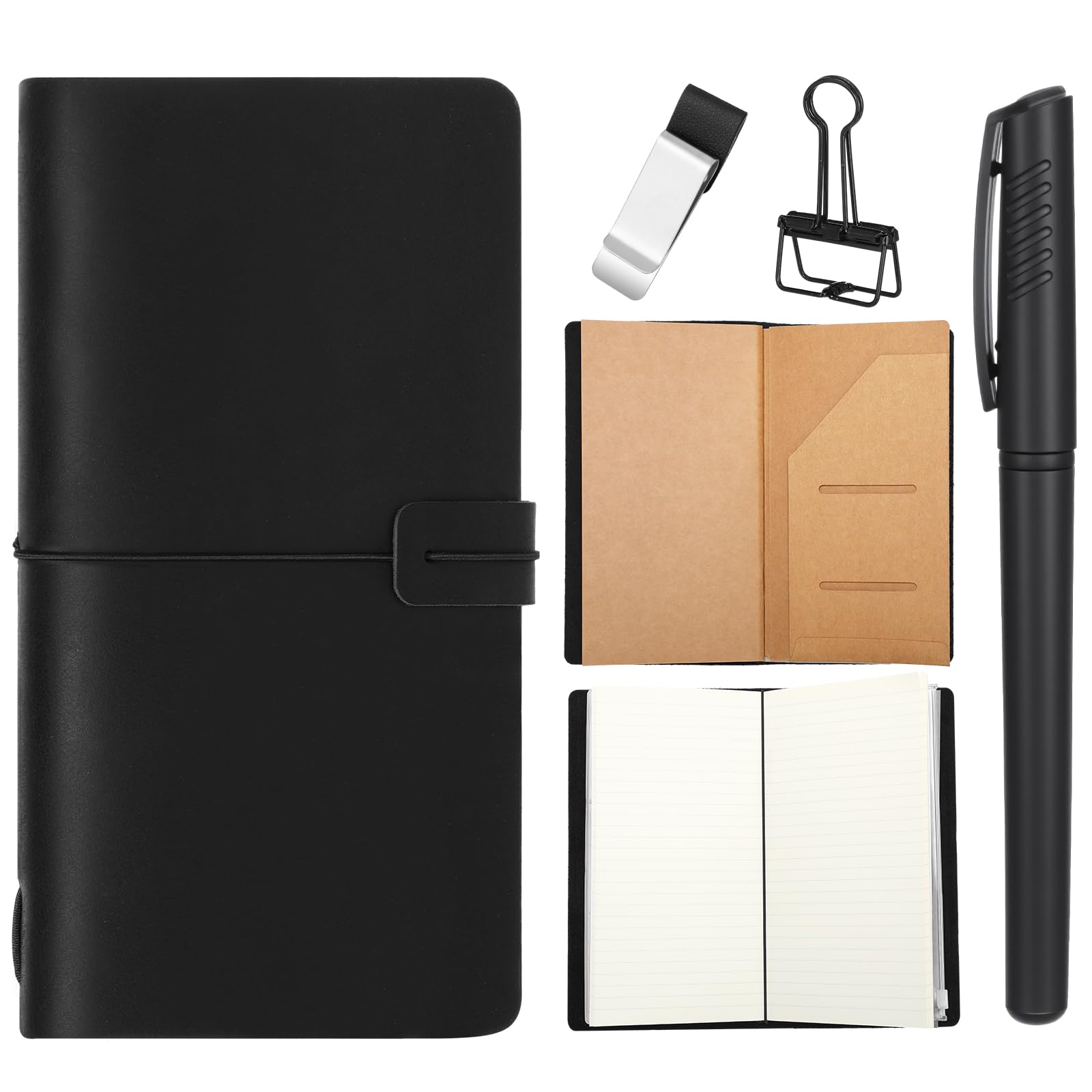 Thenshop Taccuino da viaggio ricaricabile, in pelle, nero, formato supporto