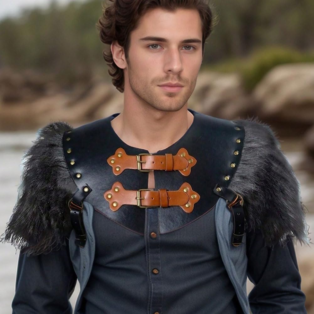 Viking Faux Fur Shawl Shoulder Armor Medieval Leather Knight Chest Armor Pirate Fur Collar Wrap Shawl for LARP Cosplay - Image 4