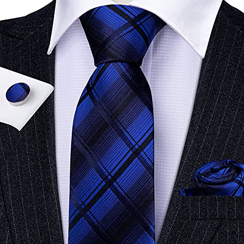 Image of Barry.Wang Plaid Ties for Men Silk Necktie Handkerchief Cuff Links Set