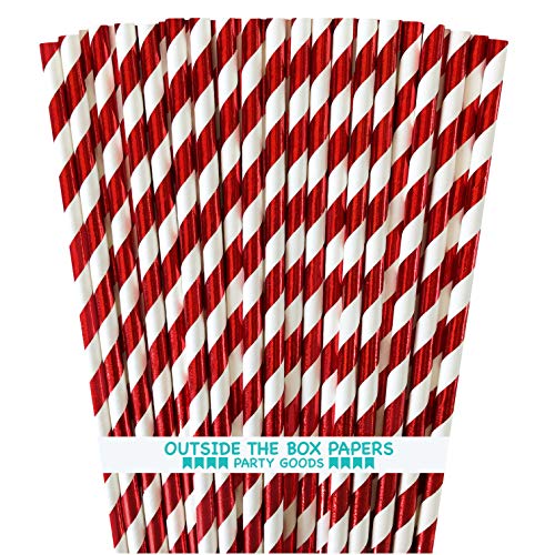 Christmas Foil Red Stripe Paper Straws - 7.75 Inches - Holiday 100 Pack - Outside the Box Papers Brand