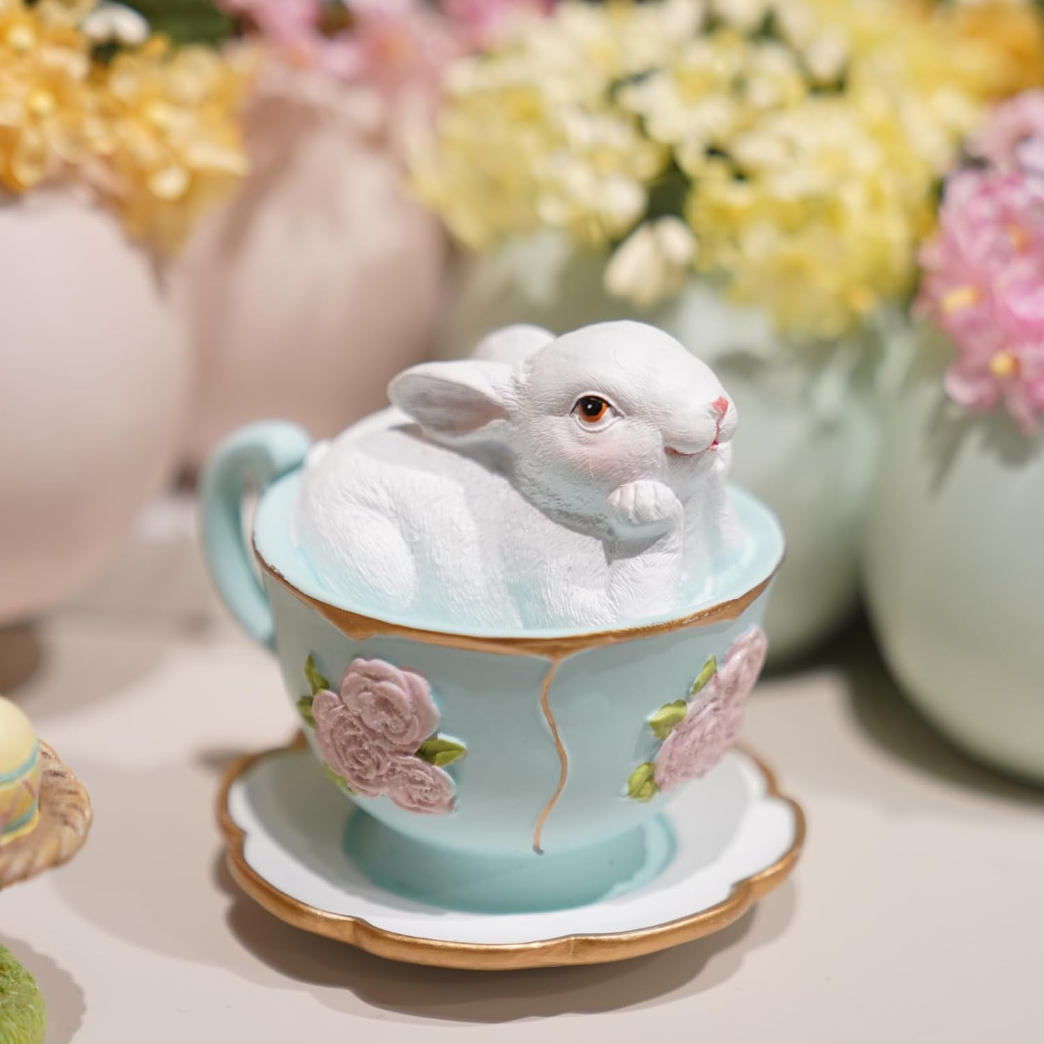 Easter Bunny Decorations Rabbit-Figurine Easter-Gift - Spring Bunny Statues Table Centerpieces Rabbits in Blue Cup Rabbits Sulpture for Indoor Home Farmhouse Decor 3.25*2.75*3 inch Newman House Studio - Image 5