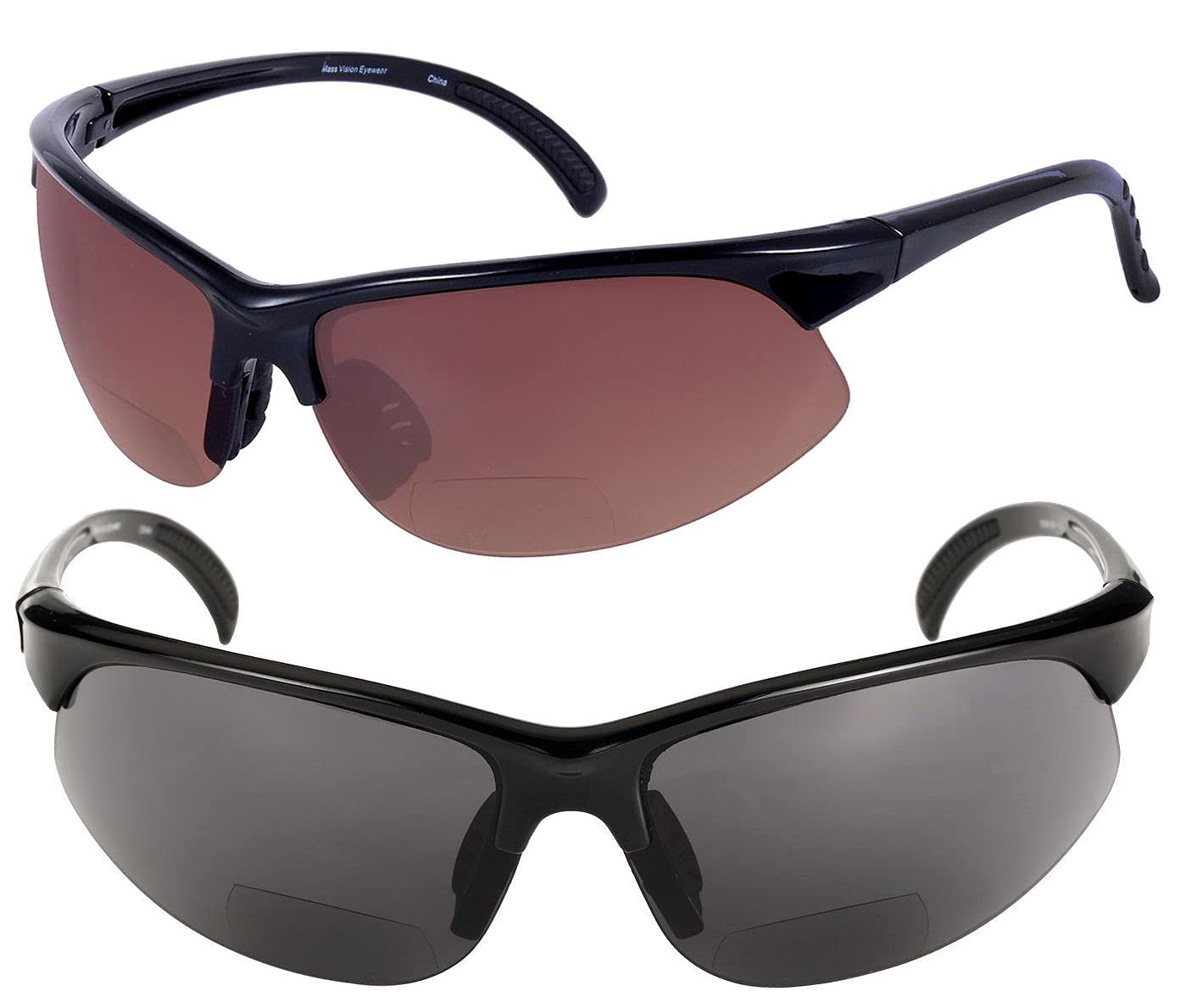 Mass Vision2 Pair of Bifocal Sport Wrap Reading Sunglasses, Outdoor Sun Readers for Men and Women