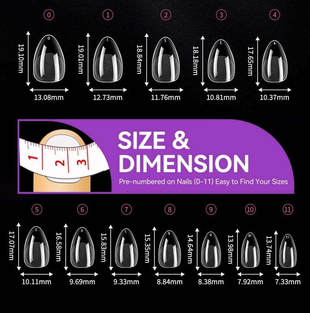 Gelike Professional Press-On Nail Tips Set, 120 Pieces Clear Almond Shape, Half-Cover Design with Size Guide 7-19mm, DIY Manicure Salon Practice