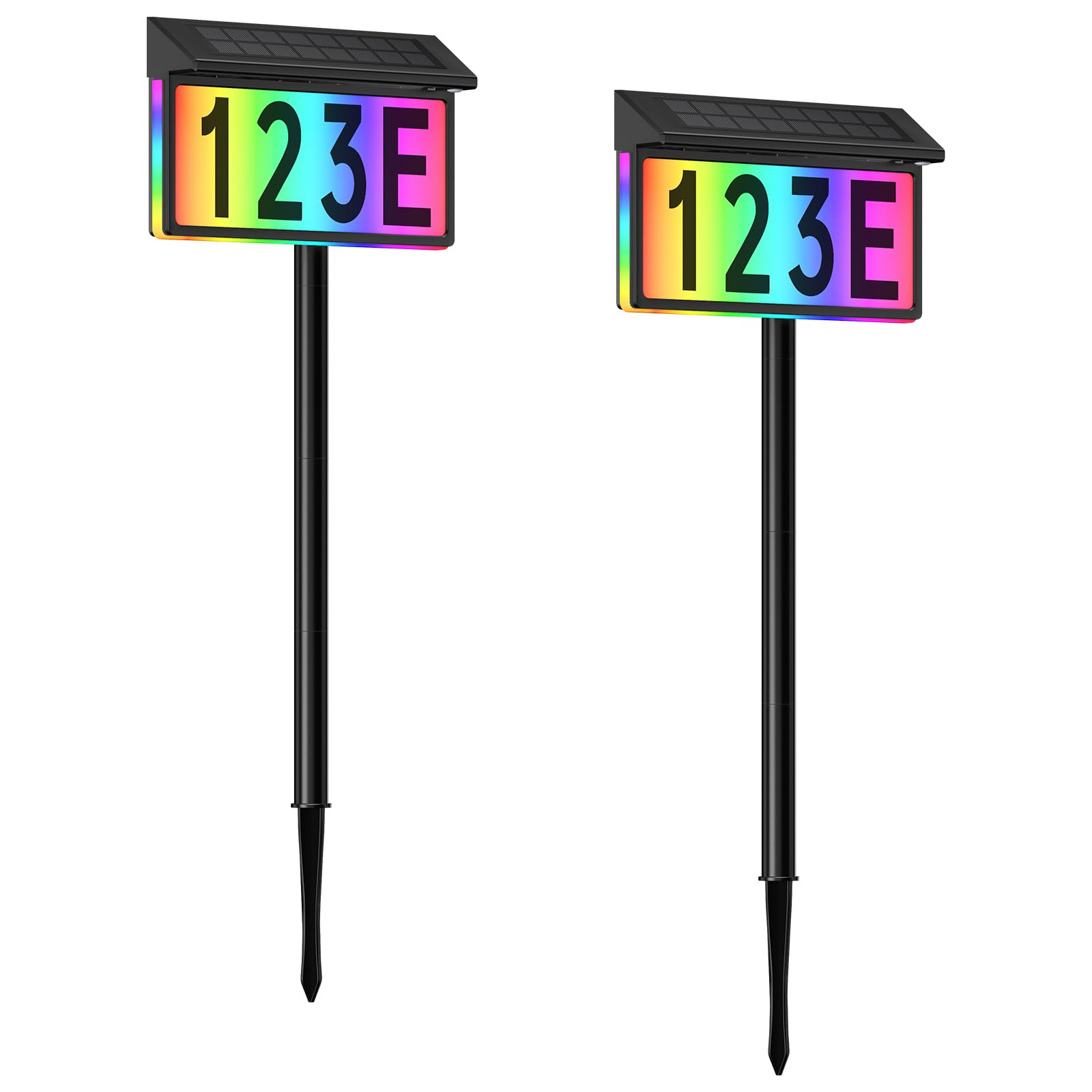 Solar-Adressschild, solarbeleuchtete Hausnummern für draußen, 8 Beleuchtungsmodi, RGB-Farbwechsel, wasserdicht, beleuchtet, Hausnummernschild mit Pfahl, Wandmontage oder im Boden, Solar-Adressnummern