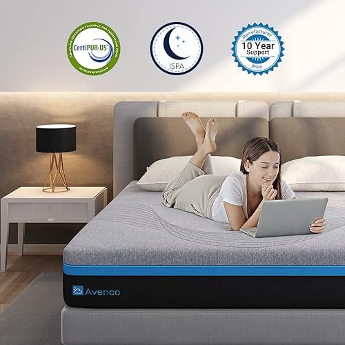 Miniatura 5 de Avenco - Colchón de espuma viscoelástica gris tamaño Queen de 10 pulgadas, embalado en caja, con funda agradable a la piel, 2 capas de espuma para