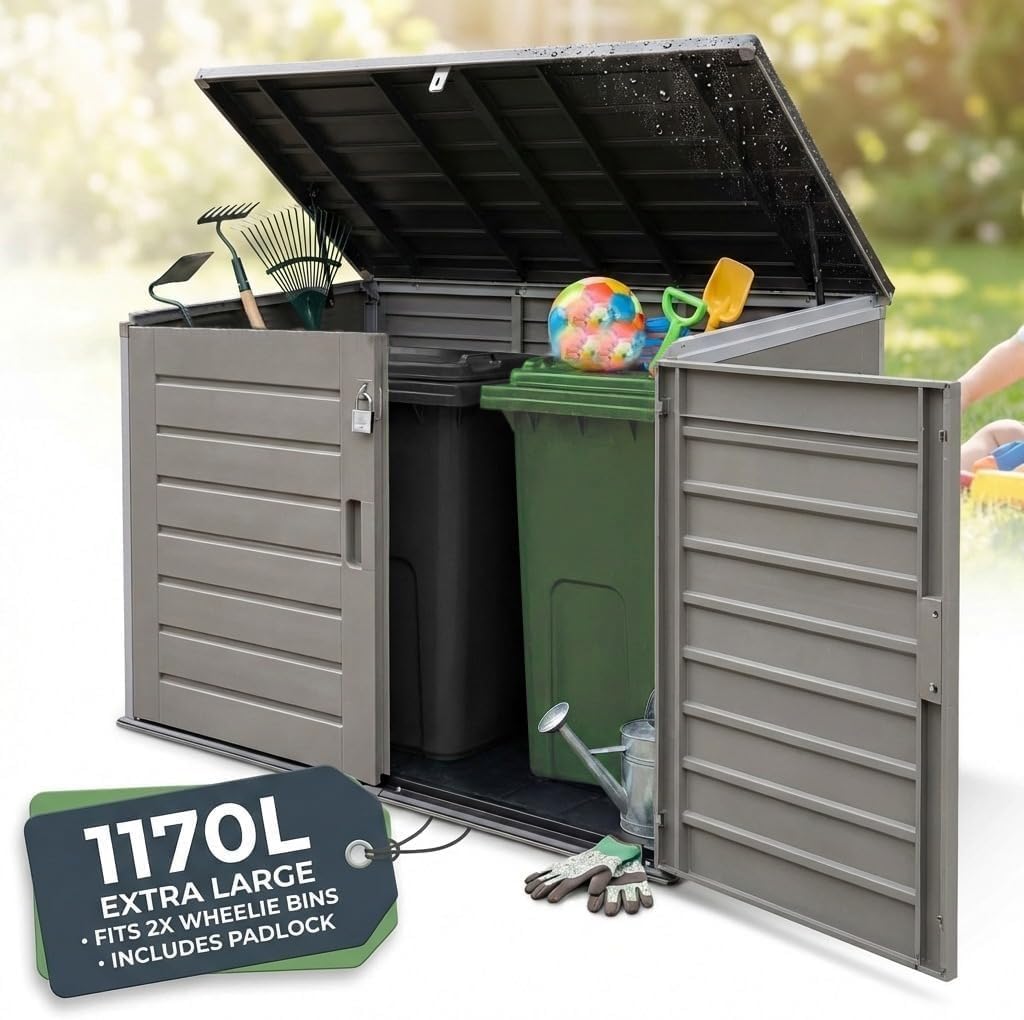Olsen & Smith Anthracite 1170L Wheelie Bin Storage Shed 1170L Extra Large Xl Outdoor Garden Storage Boxes With Padlock - Plastic Shed Box Cabinet Cupboard - For 2X 230L Bins, Garden Tools, Bike Storage, Toys & More