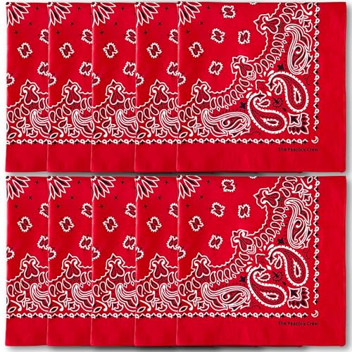 The Peacock Crew 10 Pack Red Bandanas in Premium Soft Cotton for Men and Women