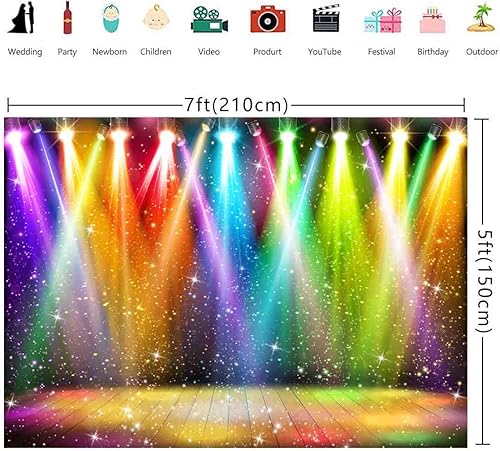 Miniatura 2 de Telón de fondo de discoteca de escenario arcoíris de 7 x 5 pies para fotografía de los años 70, 80 y 90, colorido fondo de música de discoteca rock,