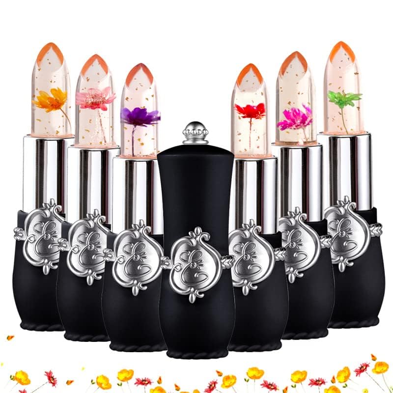 Lápiz labial con flores en el interior, lápiz labial para mujeres, lápiz labial de gelatina para cambiar de color, lápiz labial para mujeres, maquillaje cosmético para mujeres (juego negro, 6 en 1)
