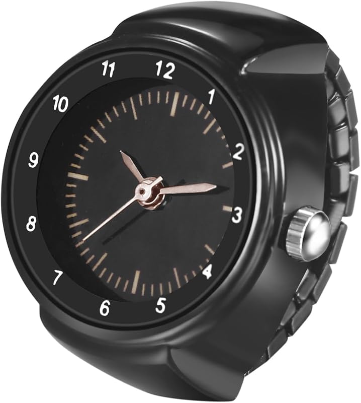 JewelryWe Quartz Casual Finger Watch: Men Women Black Stainless Steel Elastic Strap Round Analog Quartz Watch Unisex Clear and Easy-to-Read Arabic Numerals Dial Finger Watch for Daily and Office