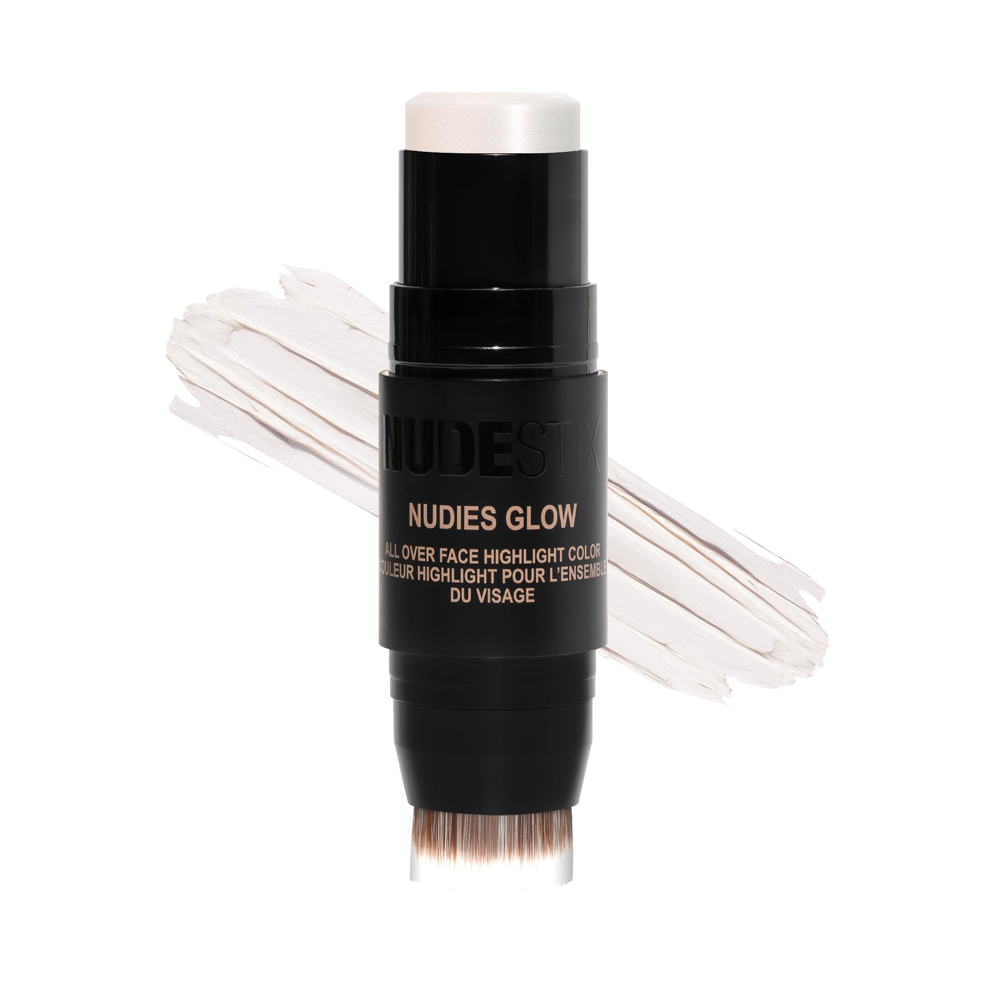 NudeStix Nudies Glow Highlighter Stick w/Blending Brush, Dewy Cream Makeup for Cheeks, Eyes, Lips, Soft Metallic Glowy Face Color and Contour, 0.28 oz (8g) (Ice Ice Baby)