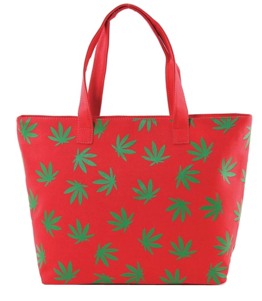 Fresh Green Palmate Leaves Printed on Fuchsia Canvas Tote Handbag Bag Purse