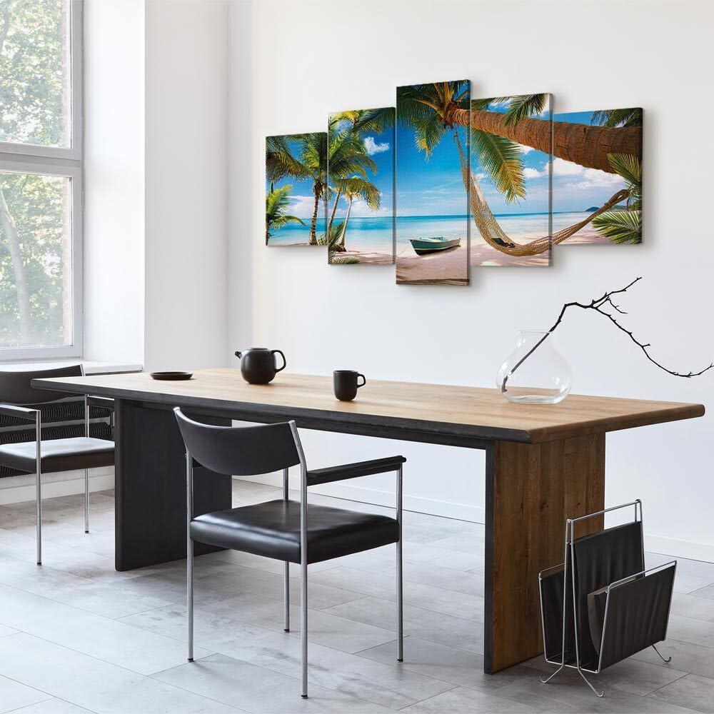 decomonkey Quadri Moderni Soggiorno Spiaggia Palme, 5 pezzi, 200x100 cm | Tela strutturata su telaio in legno, decorazione da parete, paesaggio, natura, mare, isola, Quadro Stampa su Tela