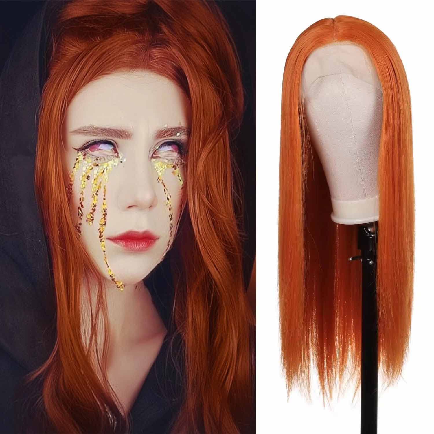 MILD WILD TFront Lace Wig, Ginger Orange Kanekalon Futura Fiber Fashion Wig, Long