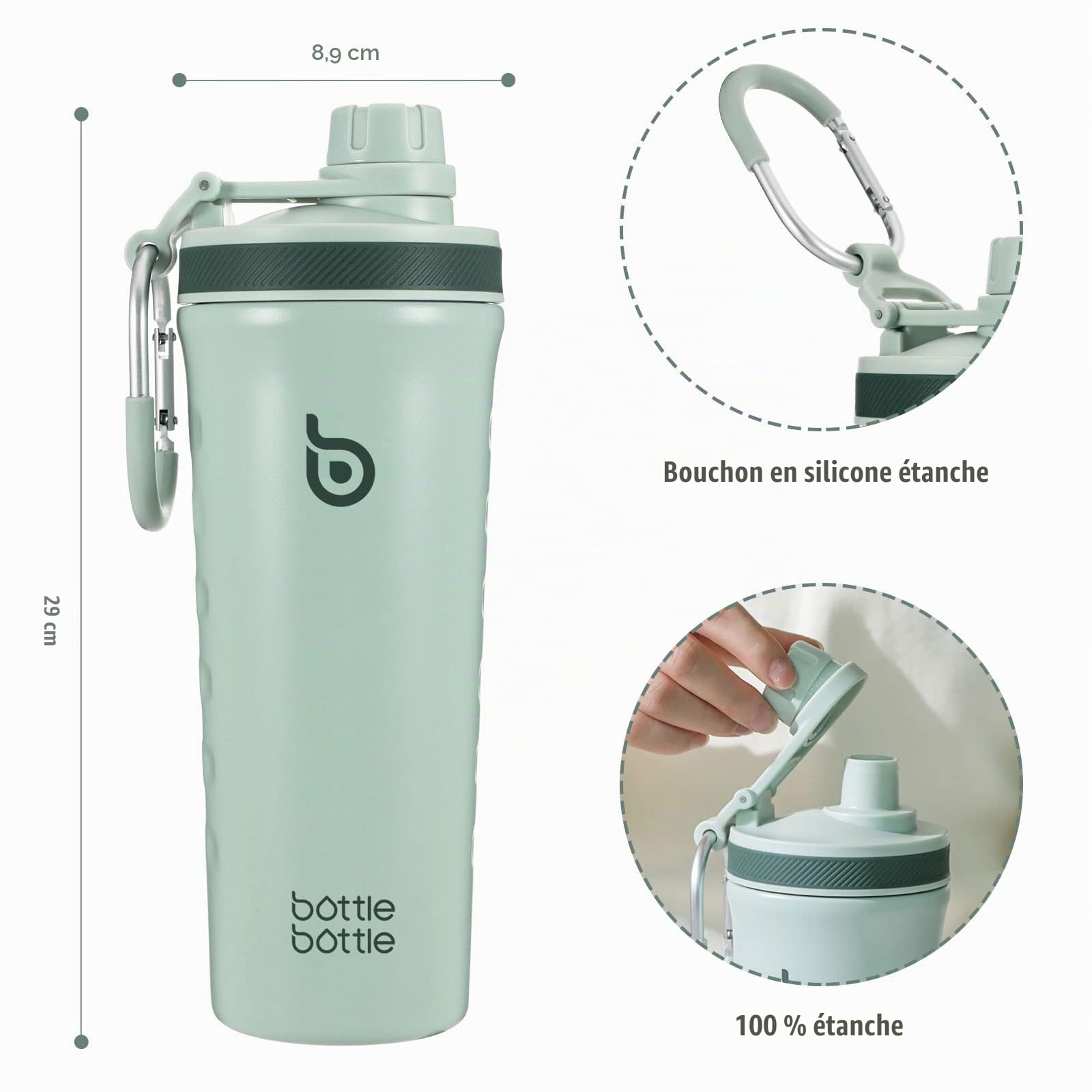 BOTTLE BOTTLE Bouteille shaker isolée de 26 oz avec fouet à fil Bouteille d'eau réutilisable en acier inoxydable pour le gym - Vert
