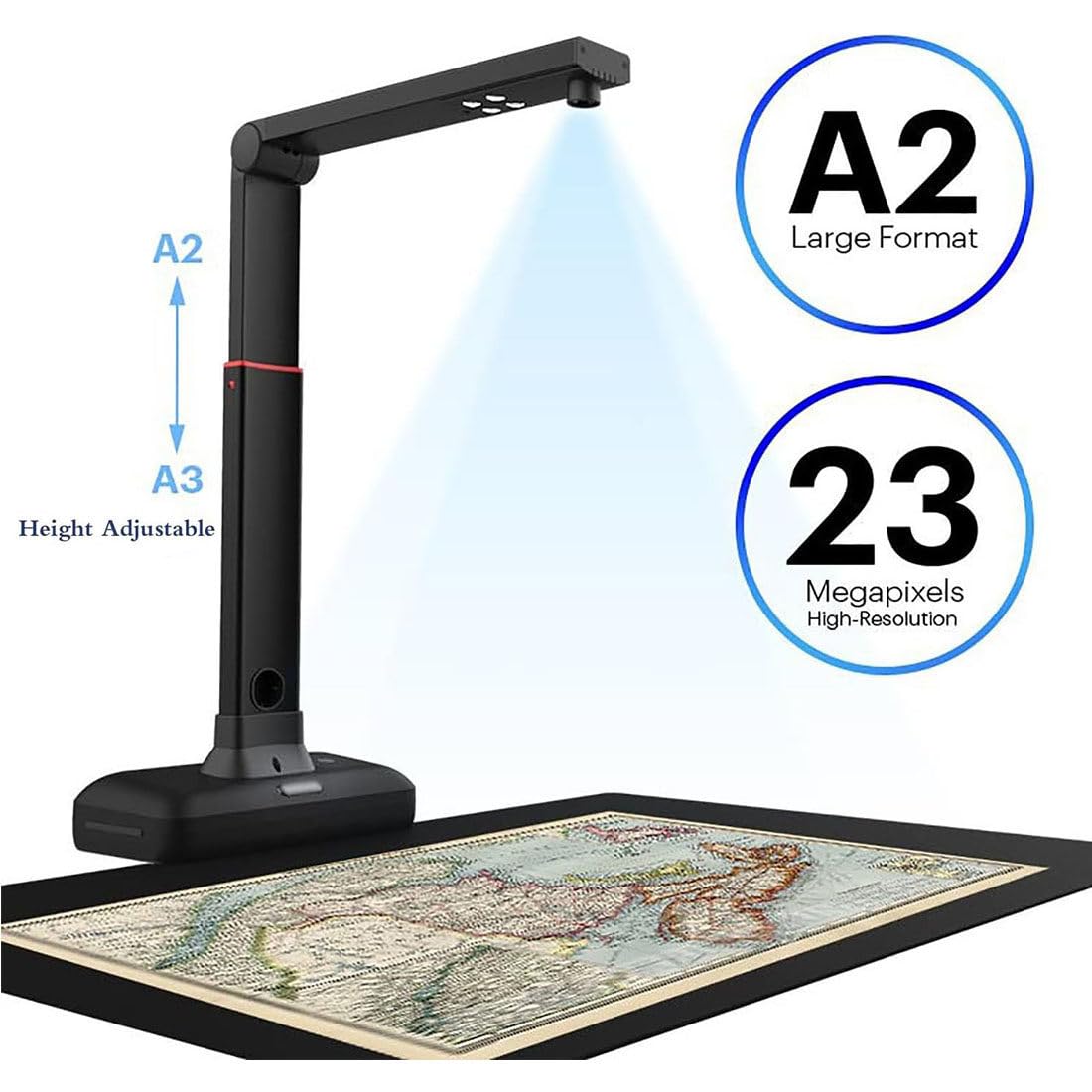Escáner A2 para Documentos Y Libros, Tamaño Máx Escaneo: A2, Resolución hasta 23 MP, Suavizado Páginas Dobles Libros Y Escaneo Automático Dividido, Reconocimiento Texto OCR, Windows Y Mac