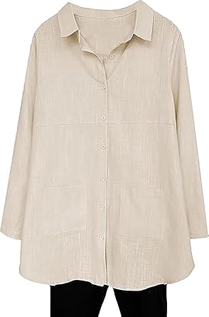 Minibee Womens Linen Shirts Button Down Long Sleeve Tunic Tops | Casual Collared Blouses, Business Work Tops with Pockets, Loose Fit, Vacation Wear, Solid Color Outfits