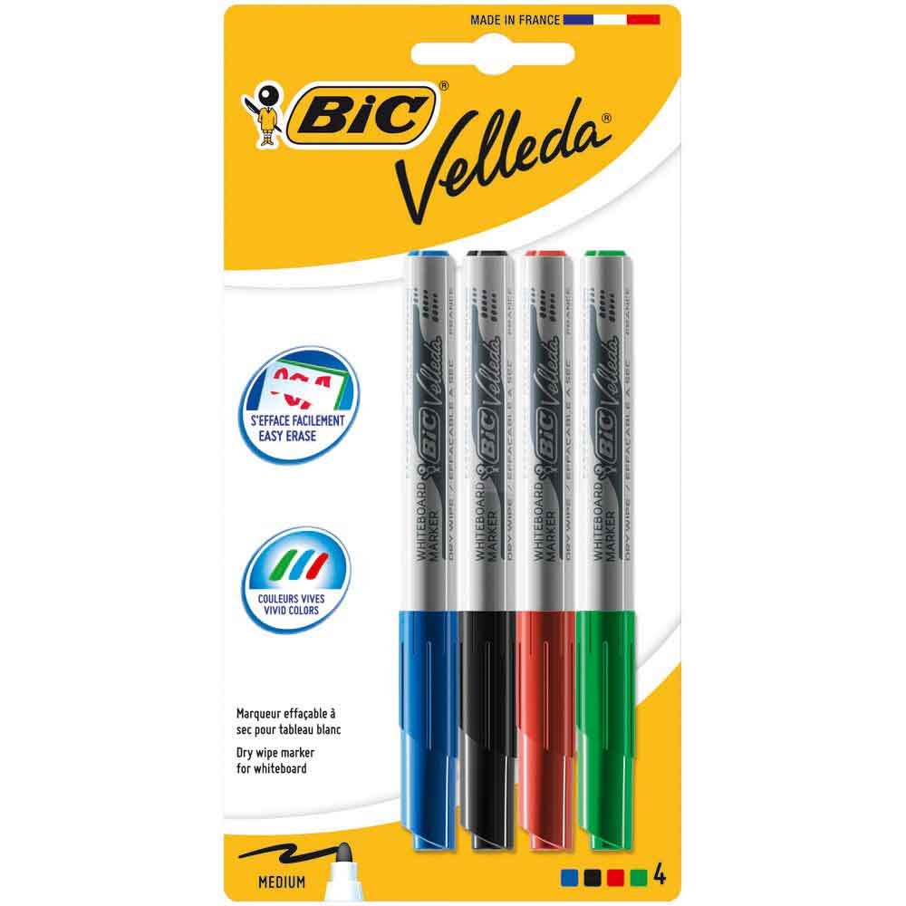 BIC Velleda Rotuladores de Pizarra Blanca, Punta Media (4,5mm), Óptimo para Uso Escolar y Oficinas, Colores Surtidos, Pack de 4