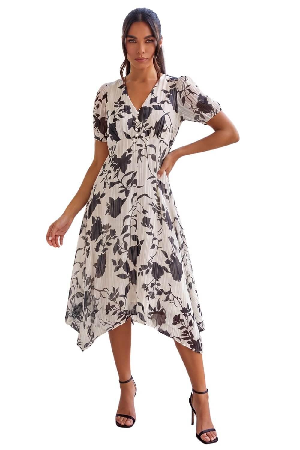 Roman Floral Print Hanky Hem Midi Dress, Black, Size 12, Women