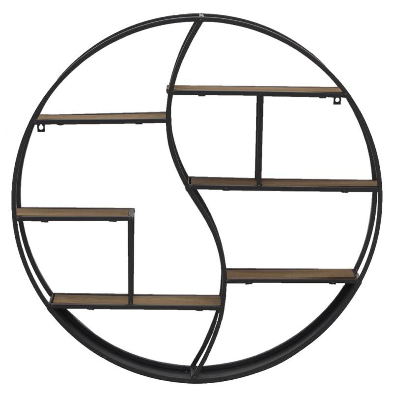 AUBRY GASPARD - Étagère Murale Ronde Métal et Bois Médium - 6 Étagères - Ø 80 cm x Profondeur 12 cm - Noir Naturel - Livrée Montée - Poids 6 kg - Idéale Salon/Bureau - Design Moderne