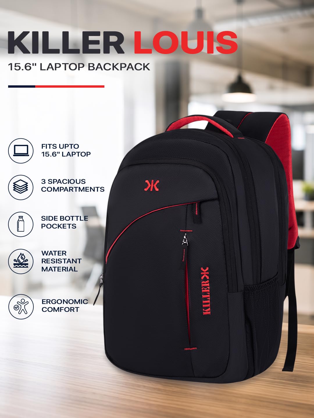KILLER Louis 38L Laptop Backpack | Spacious Travel & Work Bag with Padded Laptop Compartment, Organizer - Black