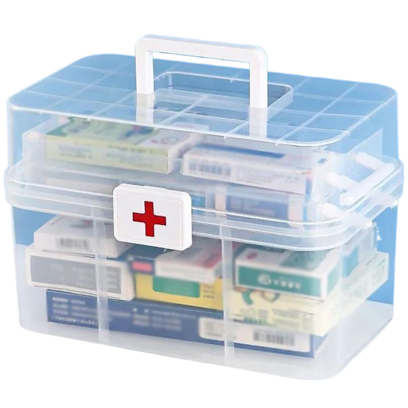 Scatola portaoggetti per medicinali, scatola portaoggetti multiuso pieghevole a tre strati, organizer artistico in plastica trasparente, pronto soccorso portatile con maniglia per casa, ufficio, orga
