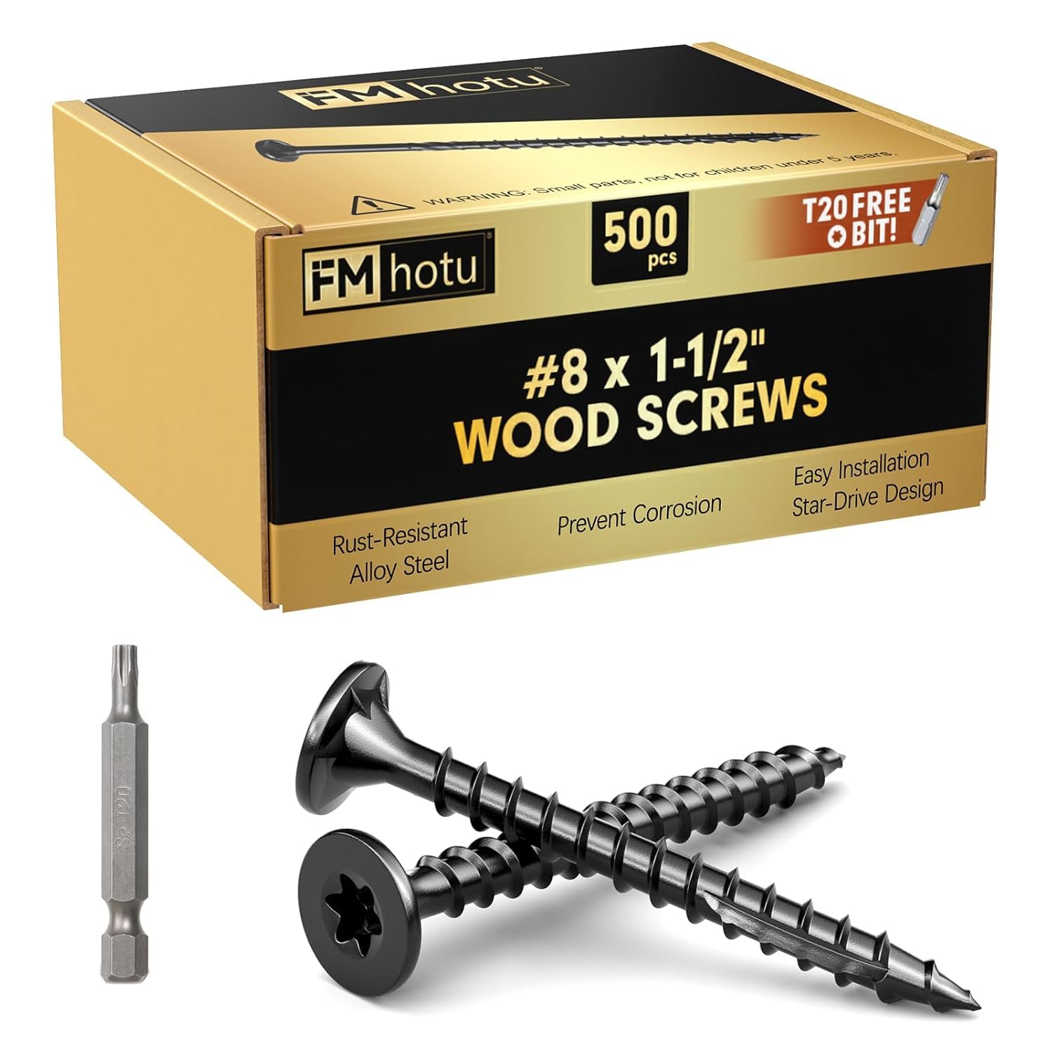 #8 x 1-1/2” Deck Screws, 500Pcs Star Drive Wood Screws, Rust Resistant Timber Screws for Timber/Log/Landscaping Wood, T20 Star Bit Included, Black