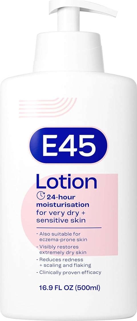 E45 Moisturising Lotion 500 ml for Dry & Sensitive Skin - Long-Lasting Hydration Protect from Dryness, Reduce Redness - Dermatological Body Moisturiser Lotion - Body Lotion - Daily Moisturiser | Long-lasting hydration helps protect from dryness - Helps reduce redness, dermatologically tested
