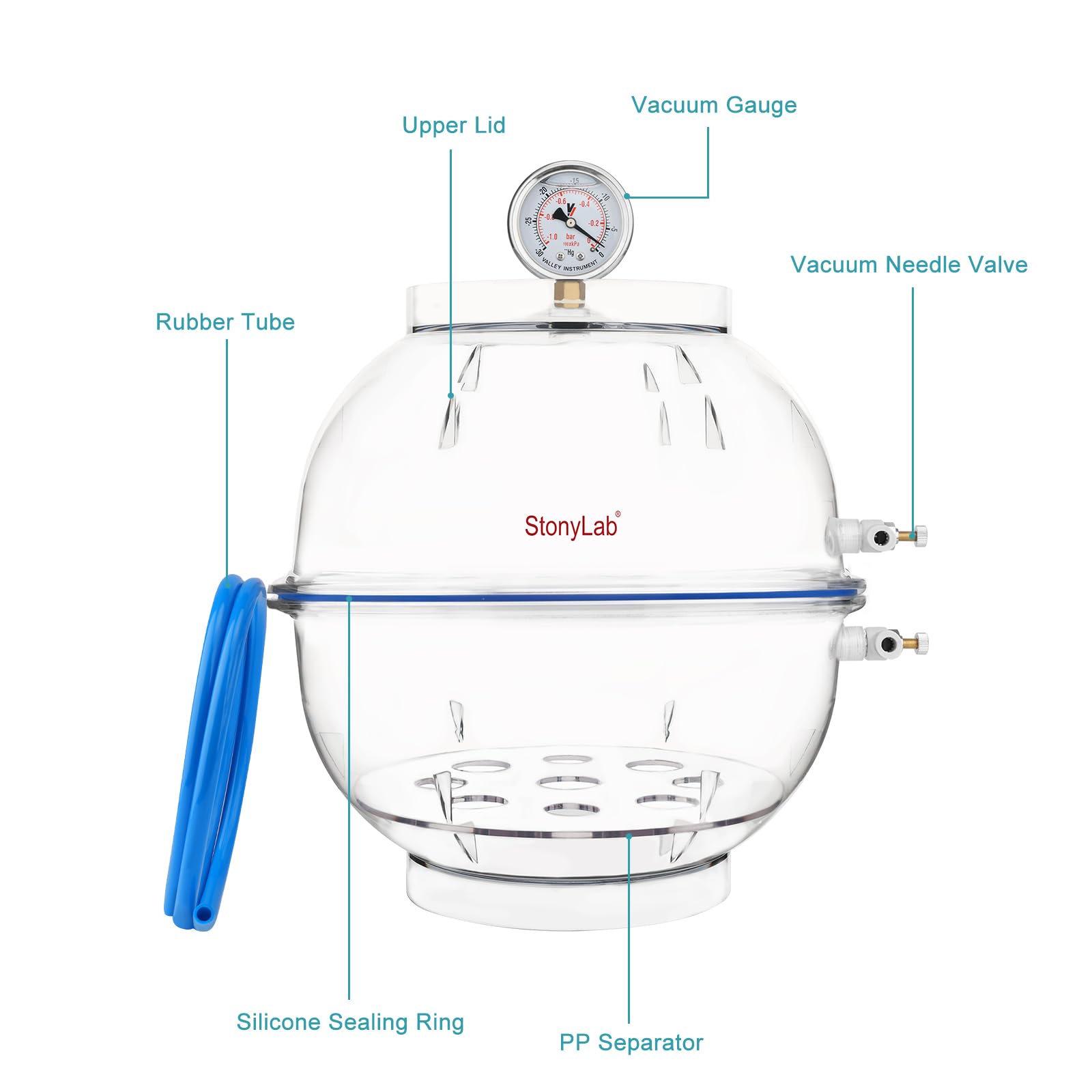 stonylab Desecador de Vacío de PC, Material Reforzado para Mayor Durabilidad, Sello de Silicona Confiable, Sistema de Doble Válvula, Equipado con Manómetro, Diámetro de 300 mm, para Uso en Laboratorio