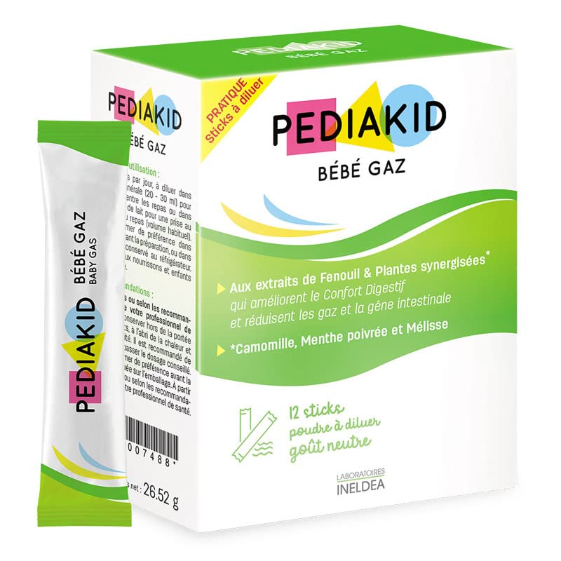PEDIAKID - Bébé Gaz Sticks - Aux extraits de plantes & fibres - Facile à Utiliser - Étui de 12 sticks de Poudre à Diluer