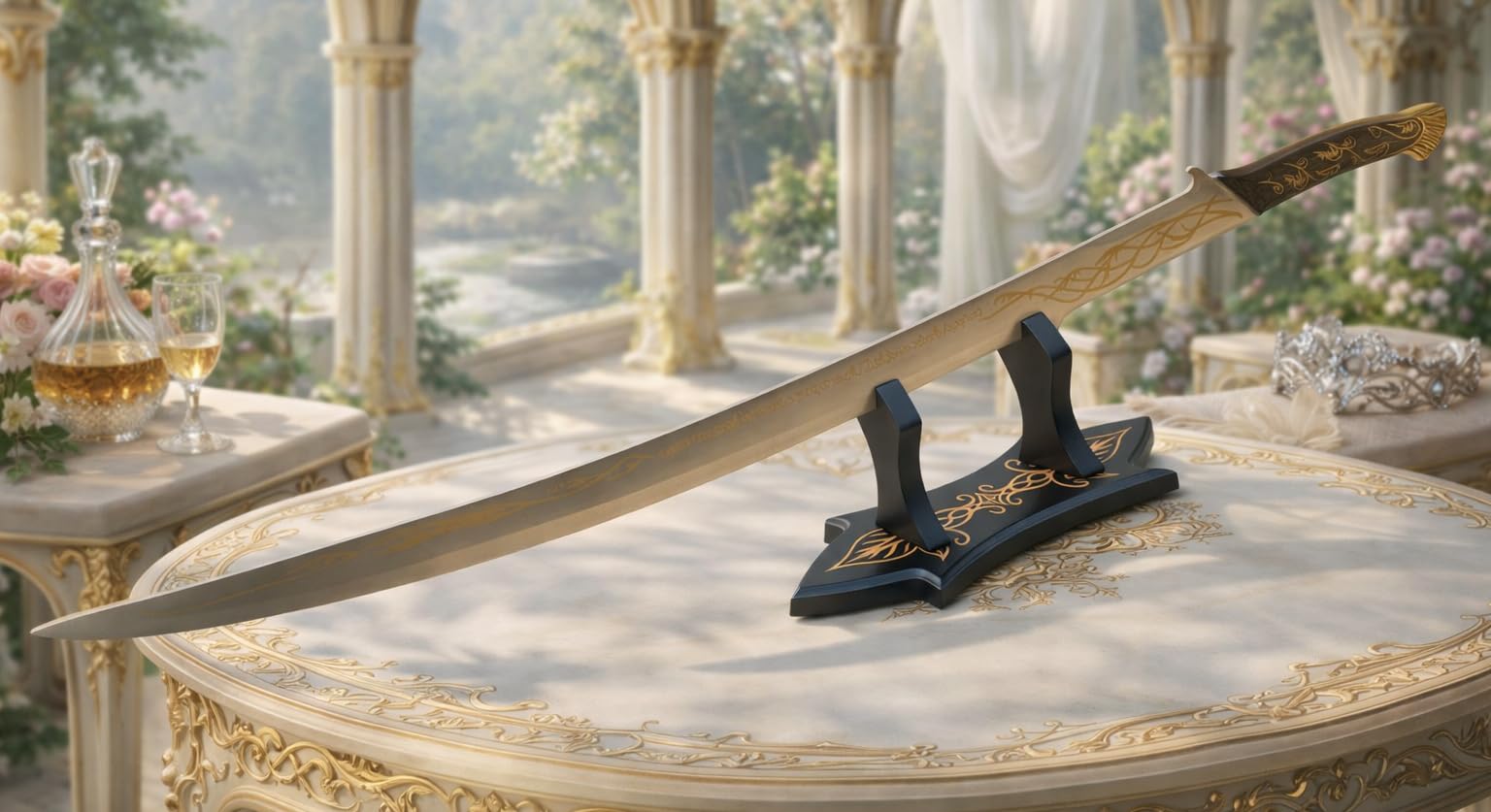 NEU Arwens Schwert Hadhafang 97,5cm lang 76cm Edelstahl Klinge 1,6kg mit edlem Schwertständer für Cosplay Replik Thema Film Movie Buch Fans Merch Sammler Mittelerde Freunde Dekoration