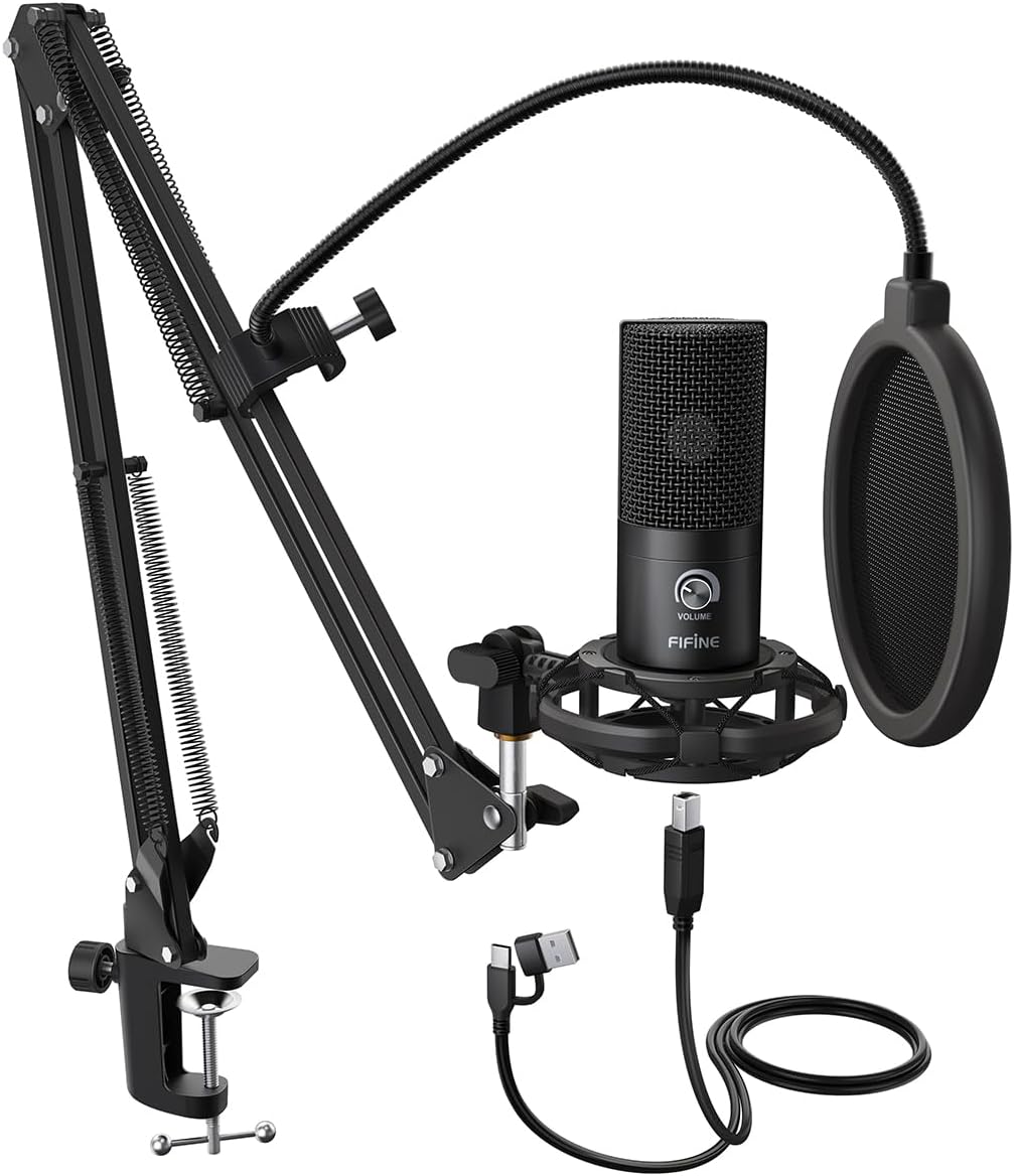 FIFINE Studio Condenser USB Microphone Computer PC Microphone Kit with Adjustable Scissor Arm Stand Shock Mount for Instruments Voice Overs Recording Podcasting YouTube Karaoke Gaming Streaming-T669