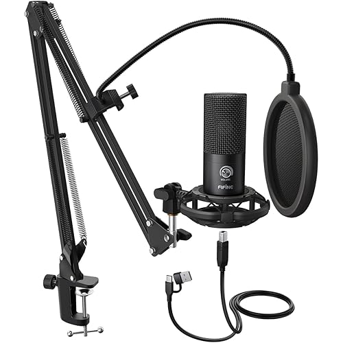 FIFINE Studio Condenser USB Microphone Computer PC Microphone Kit with Adjustable Boom Arm Stand Shock Mount for Instruments Voice Overs Recording Podcasting YouTube Vocal Gaming Streaming-T669