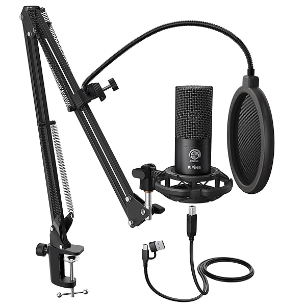 FIFINE Studio Condenser USB Microphone Computer PC Microphone Kit with Adjustable Boom Arm Stand Shock Mount for Instruments Voice Overs Recording Podcasting YouTube Vocal Gaming Streaming-T669
