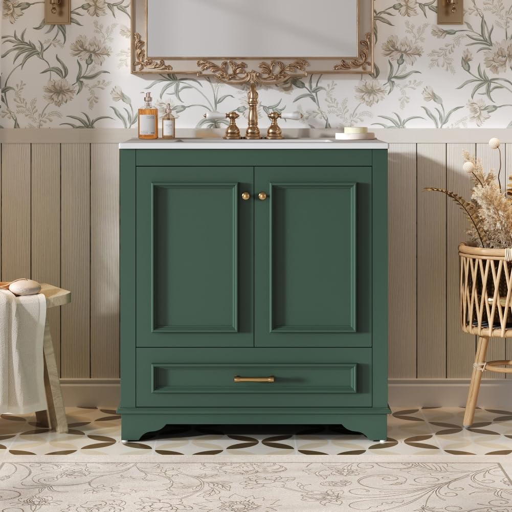 30" Bathroom Dressing Table with Ceramic Sink Set, Solid Wood Storage Cabinet, Luxury Double Doors and Drawers, Bathroom Corridor (Green)